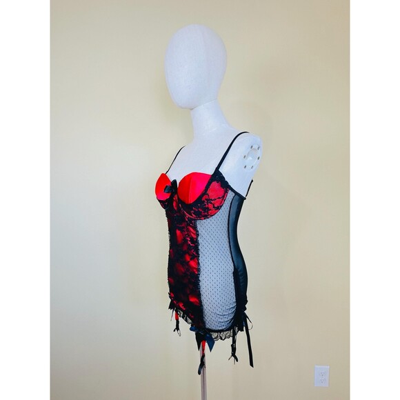 Y2K Dreamgirl Red and Black Bustier / Vintage Lace Bow Ribbon Floral  Large - Picture 3 of 7
